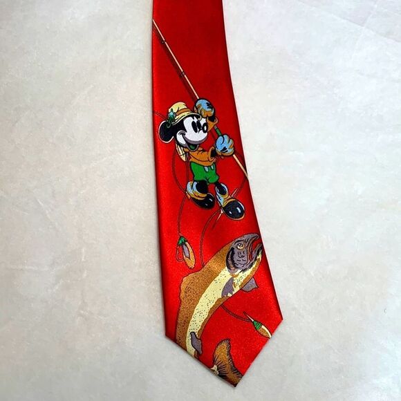 Mickey Mouse Fishing Red Silk Tie for Adults - Picture 1 of 8